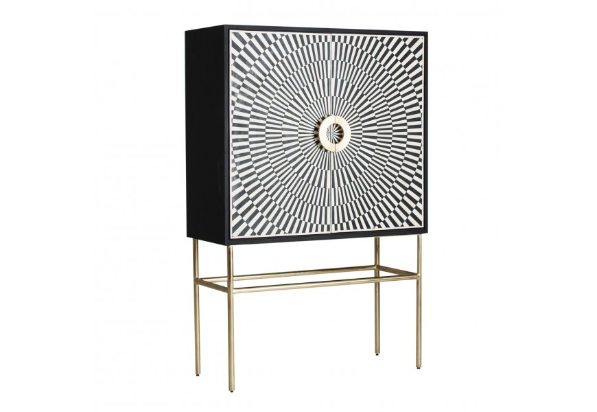 Moderní barová skříňka Caderina s nádechem art-deco černobílá 100 cm se vzorem vyrobeným z kostí