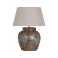 Designová industriální keramická stolní lampa Casangelo s kulatou podstavou v hnědé barvě s kamenným vizuálem s výraznou vintage patinou a zvětralým efektem se lněným stínítkem v béžové barvě