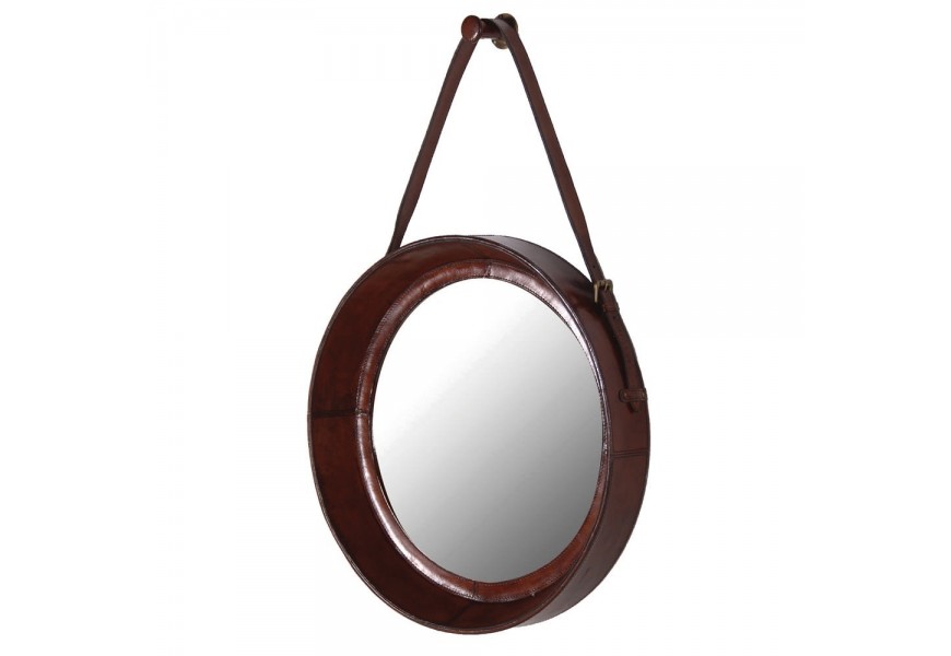 Koloniální kulaté závěsné zrcadlo Pelle z kůže 52cm