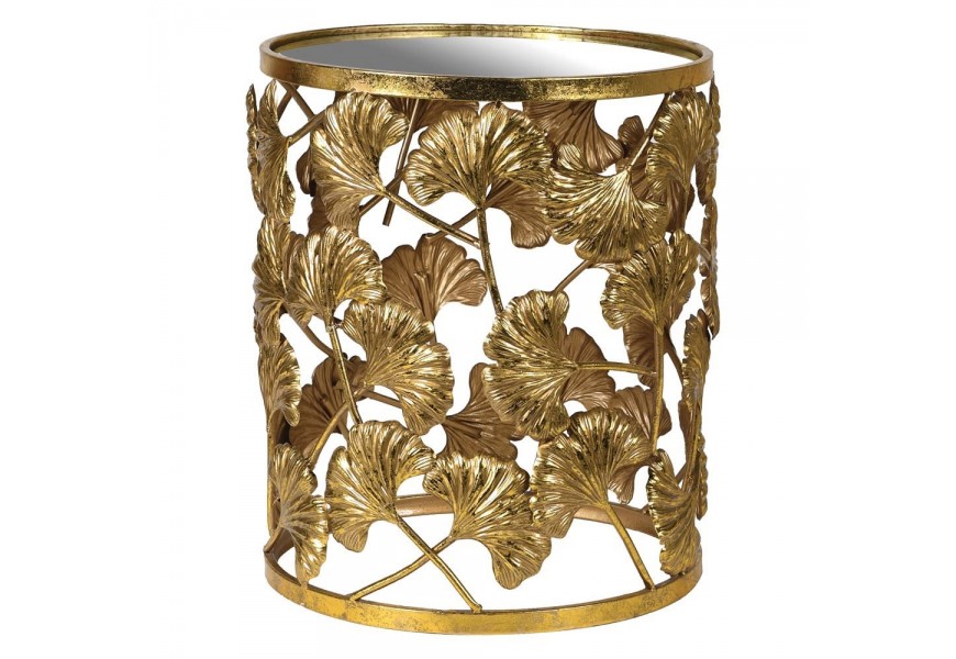 Art-deco příruční kruhový stolek Ginea s motivem zlatých listů jinanu 40cm