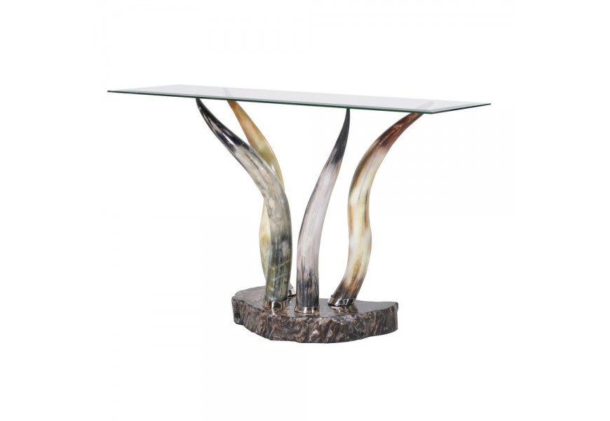 Luxusní obdélníkový skleněný konzolový stolek Hornglas s podstavou ze zvířecích rohů a dřeva 130cm