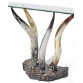 Luxusní obdélníkový skleněný konzolový stolek Hornglas s podstavou ze zvířecích rohů a dřeva 130cm