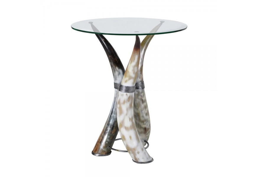 Luxusní kruhový příruční stolek Hornglas s nohama ve tvaru zvířecích rohů a skleněnou odkládací plochou 51cm