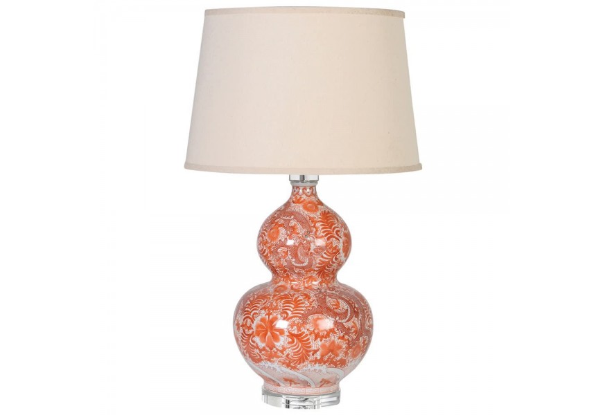 Orientální porcelánová lampa Aman s oranžovým vzorem a béžovým stínítkem 77cm