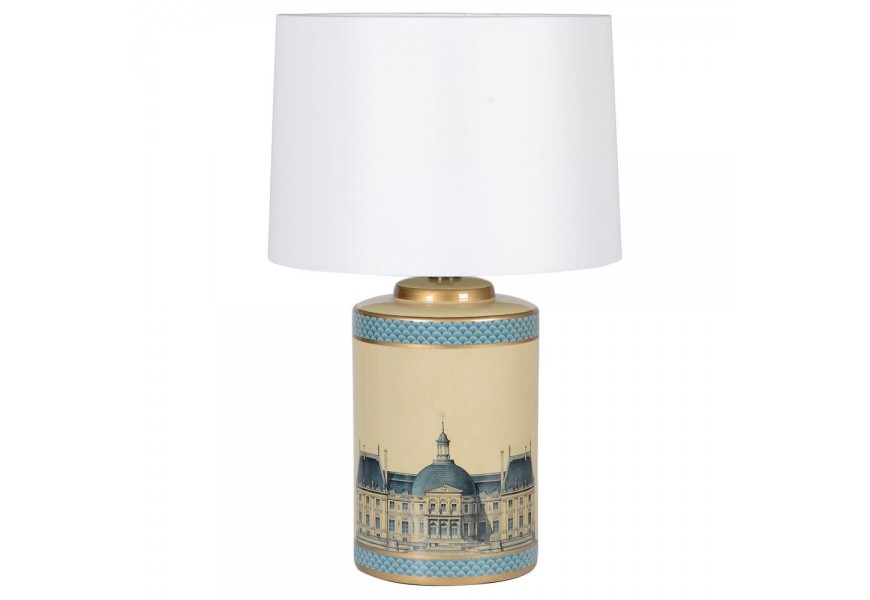 Designová stolní lampa France z keramiky v zlato-tyrkysovém dekoru as bílý textilním stínítkem 64cm
