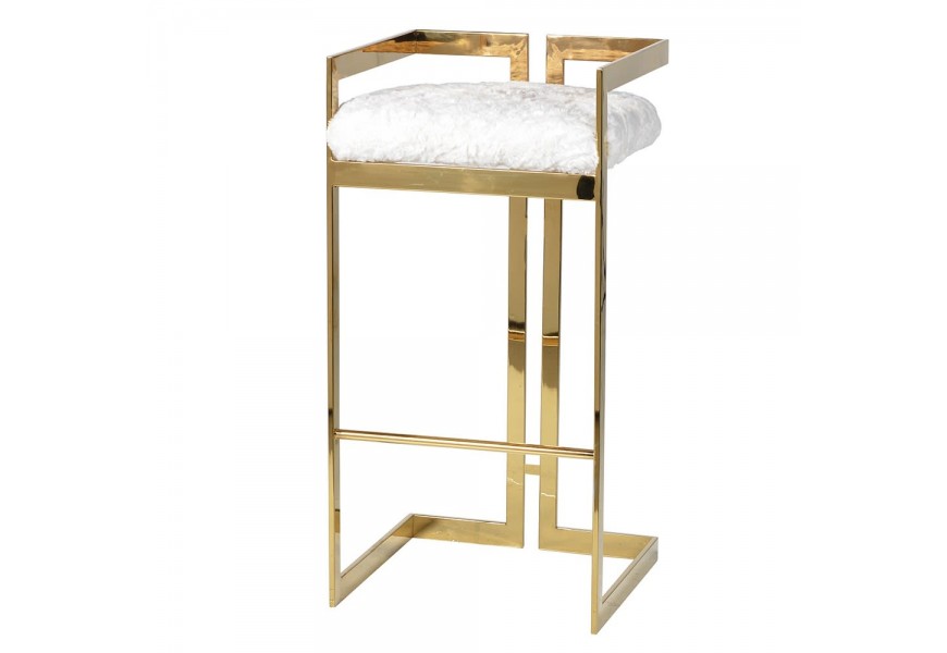 Art-deco barová židle Elda ze zlaté kovové konstrukce as bílým kožešinovým čalouněním 85cm