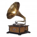 Funkční dobový retro klikový gramofon Tempos z mangového dřeva a mosazi 64cm