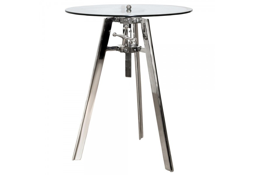 Stylový nastavitelný příruční stolek Rendy s chromovým povrchem a kruhovou skleněnou deskou 74cm