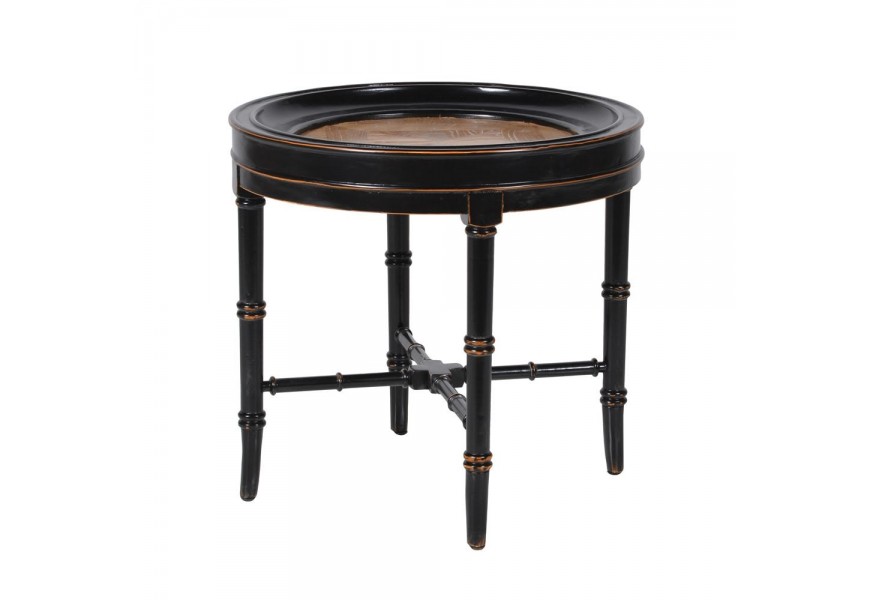 Koloniální kulatý příruční stolek Savannah 60cm z masivu v černé barvě