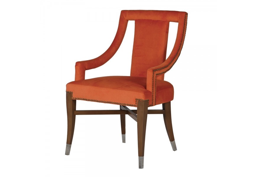 Luxusní sametová jídelní židle Dervis v oranžové barvě as nohami z dřeva 92cm
