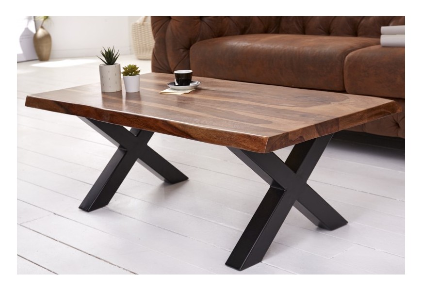 Industriální designový konferenční stolek Sheesham z masivního palisandrového dřeva s černými kovovými nohami 110cm