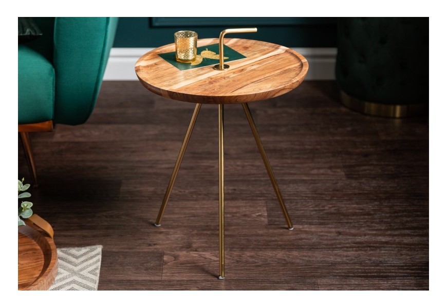 Art-deco kruhový příruční stolek Gedling z masivního akátového dřeva se zlatým úchytem 41cm
