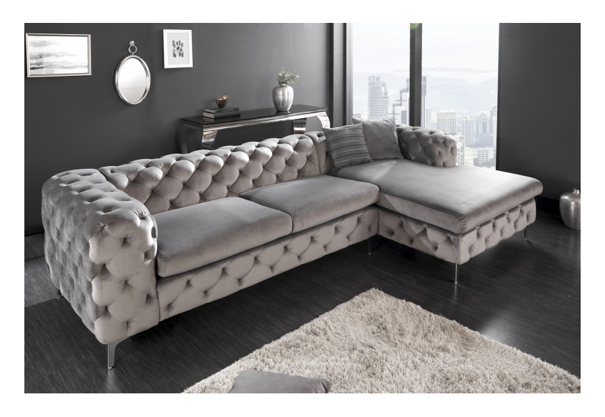 Chesterfield sedačka Modern Barock v &scaron;ed&eacute;m sametov&eacute;m potahu se stř&iacute;brn&yacute;mi nohami 275cm
