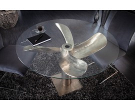 Skleněná kruhová deska Helic k industriální noze jídelního stolu ve tvaru lodního šroubu 105cm