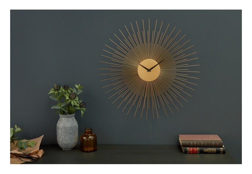 Art-deco zlat&eacute; kruhov&eacute; n&aacute;stěnn&eacute; hodiny Sunburst I ve tvaru slunečn&iacute;ch paprsků 50cm