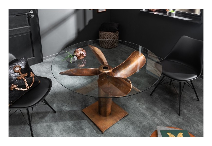 Industriální bronzový jídelní stůl Helic ve tvaru lodního šroubu s kulatou deskou ze skla 94cm
