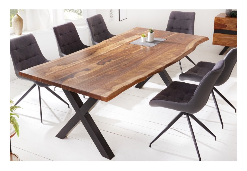 Designový industriální jídelní stůl Sheesham z masivu as kovovými černými nohami 220cm