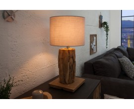 Koloniální stolní lampa Pole I z kousků naplaveného dřeva a polohovatelným lněným stínítkem v šedé barvě 59-70cm