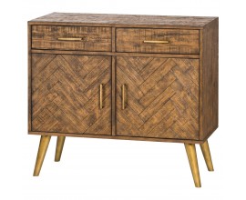 Retro medově hnědý příborník HAVANA ORO na nožičkách v antické zlaté s parketovým vzorem na dvířkách