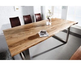 Industriální dlouhý jídelní stůl Mammut s masivní deskou z akácie a kovovými nohami ve stříbrné barvě 180cm