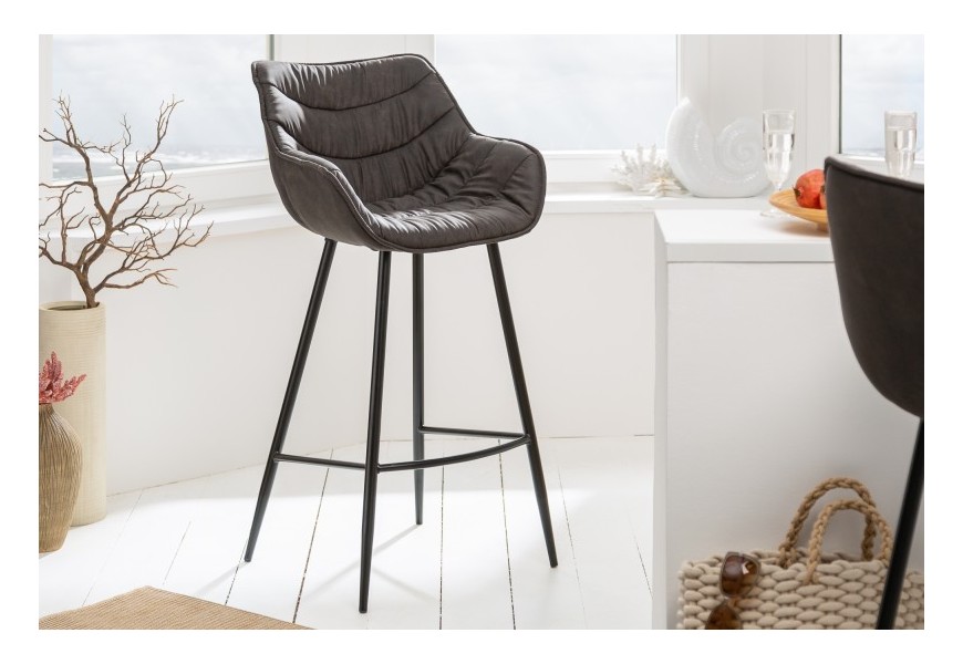 Retro barová židle Ima s šedým čalouněním a černou kovovou konstrukcí 104cm