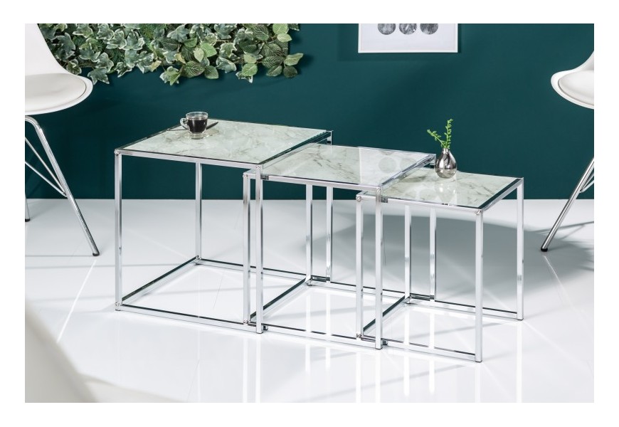 Designový set tří chromových příručních stolků Elements s mramorovou deskou 40cm