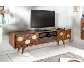 Masivní TV stolek Roslin z akáciového dřeva s organickým designem a zlatými prvky 140cm