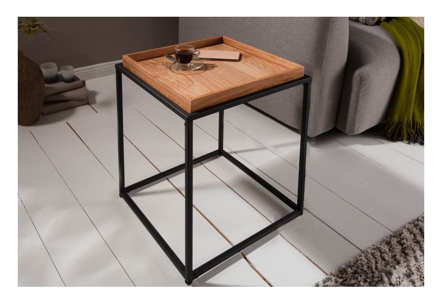 Industriální designový čtvereční příruční stolek Elements s odnímatelnou hnědou povrchovou deskou 50cm