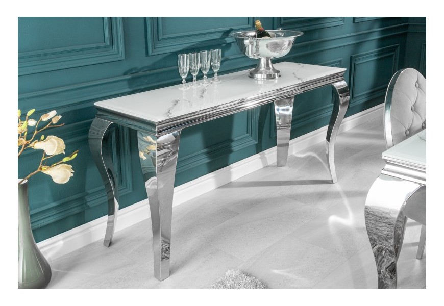 Chromová luxusní barokní konzola Modern Barock s mramorovou deskou ze skla 145cm