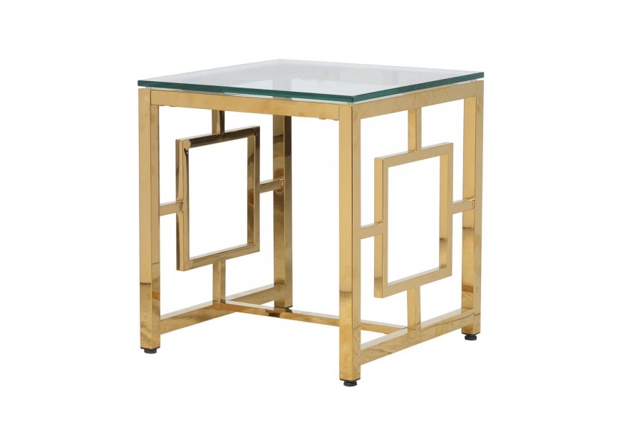 Art-deco hranatý příruční stolek Geode se skleněnou deskou a zlatou kovovou konstrukcí 50cm