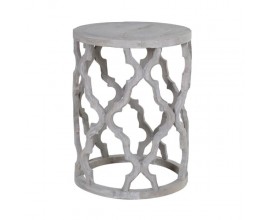Orientální dřevěný kruhový příruční stolek Allicent šedé barvy z jilmového masivu s vyřezávaným marockým vzorem ogee 45cm
