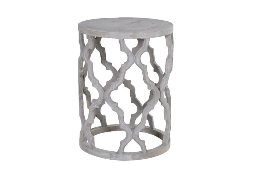 Vintage příruční stolek Allicent s kruhovým tvarem z masivního jilmového dřeva šedé oblačné barvy s orientálním marockým vzorem