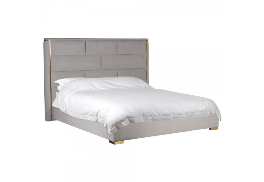 Art-deco šedá manželská postel Trissa s prošívaným čelem a dekorativním zlatým orámováním 224cm
