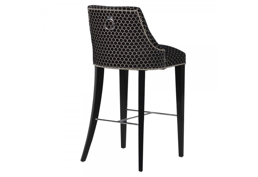 Barokní barová židle Selman v černém potahu se vzorem a stříbrnými prvky 110cm