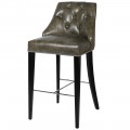 Chesterfield kožená zelenohnědá barová židle Selman s dřevěnými nohami a stříbrnými prvky 110cm