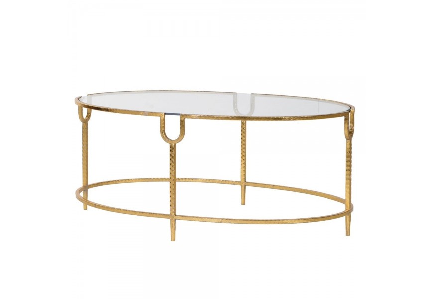 Art-deco konferenční stolek Luidy se zlatou konstrukcí a skleněnou oválnou deskou 101cm