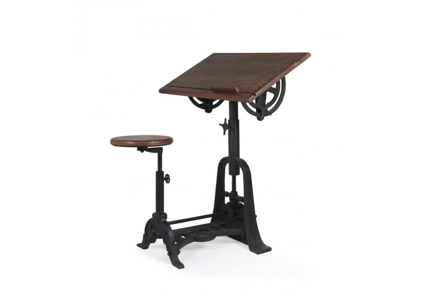 Industriální designový rýsovací stůl s taburetem HIERRO z masivního mangového dřeva s kovovou konstrukcí 80cm