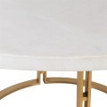 Art-deco kulatý jídelní stůl Mirina s bílou vrchní deskou s betonovým povrchem a kovovou podstavou zlaté barvy 150cm