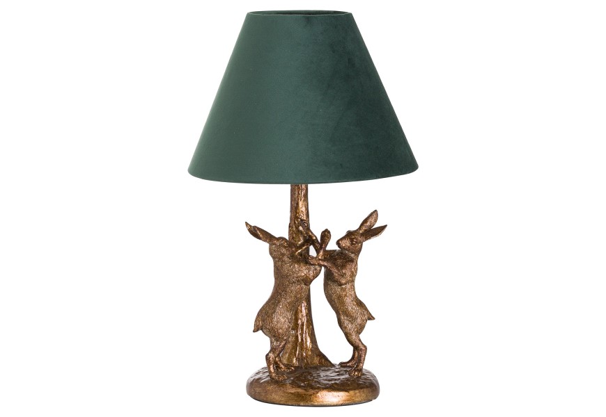 Designová stolní lampa Liebre se zlatým podstavcem se zajíci as tmavozeleným stínítkem 48cm