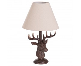 Venkovská hnědá stolní lampa Cervato ve tvaru jelena s bledým textilním stínítkem 48cm 