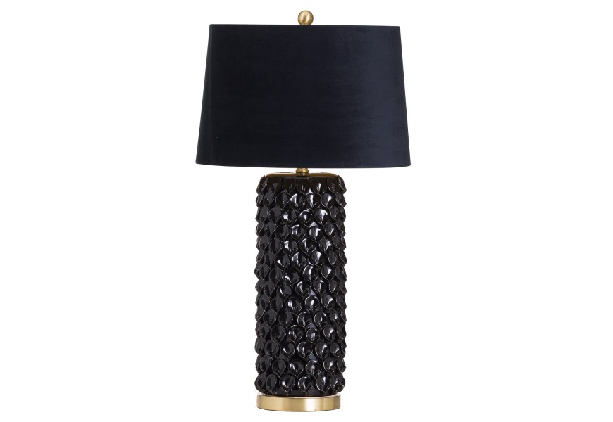 Art-deco nadčasová černá keramická stolní lampa Noirra se zlatými prvky a sametovým stínítkem 84cm