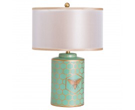 Retro stylová tyrkysová stolní lampa fach Verdura s bledým stínítkem a včelím motivem se zlatými detaily 45cm