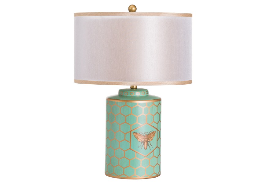 Retro stylová tyrkysová stolní lampa fach Verdura s bledým stínítkem a včelím motivem se zlatými detaily 45cm