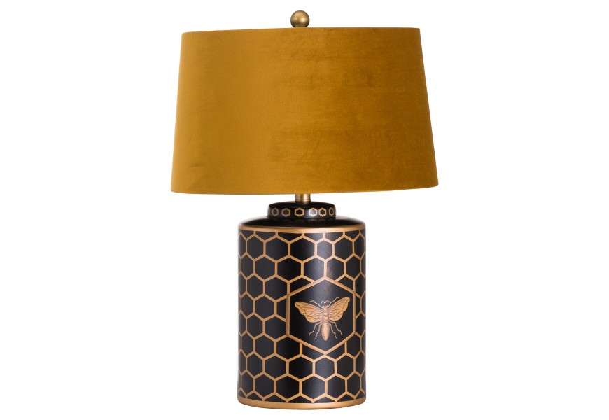 Art-deco designov&aacute; čern&aacute; stoln&iacute; lampa Abeja s st&iacute;n&iacute;tkem hořčicov&eacute; barvy