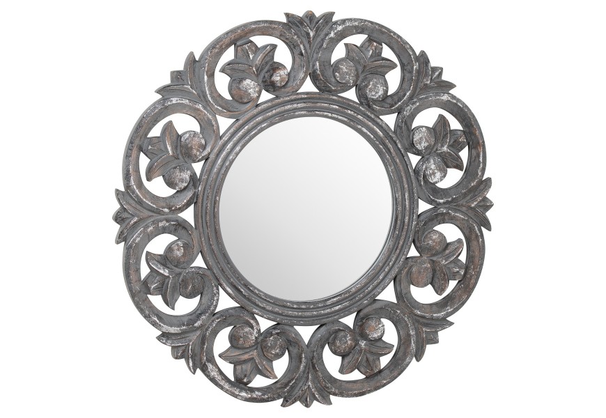 Vintage kruhové nástěnné zrcadlo Donramiro v tlustém šedém ornamentálním rámu 60cm