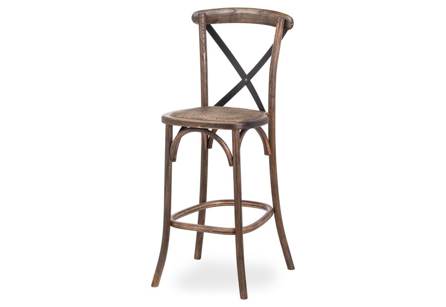 Venkovská hnědá dubová barová židle Nigo s překříženým černým kovovým opěradlem 114cm