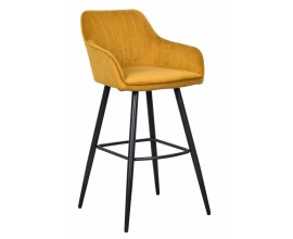 Moderní barová židle Vittel ze sametu ve žluté barvě s černými kovovými nohami 102cm