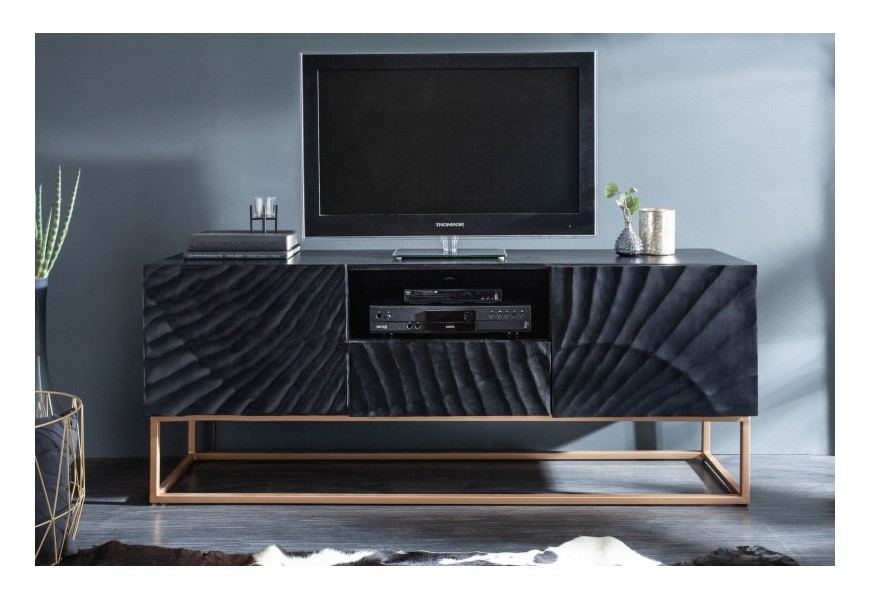 Moderní masivní TV stolek Cumbria v černé barvě se zlatými nohami 160cm