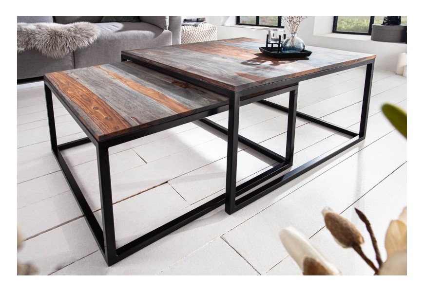 Industri&aacute;ln&iacute; set konferenčn&iacute;ch masivn&iacute;ch stolků Elements s černou kovovou konstrukc&iacute; 75cm