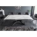 Moderní rozkládací bílo-šedý mramorový jídelní stůl Marmol s asymetrickými kovovými nohami 260cm